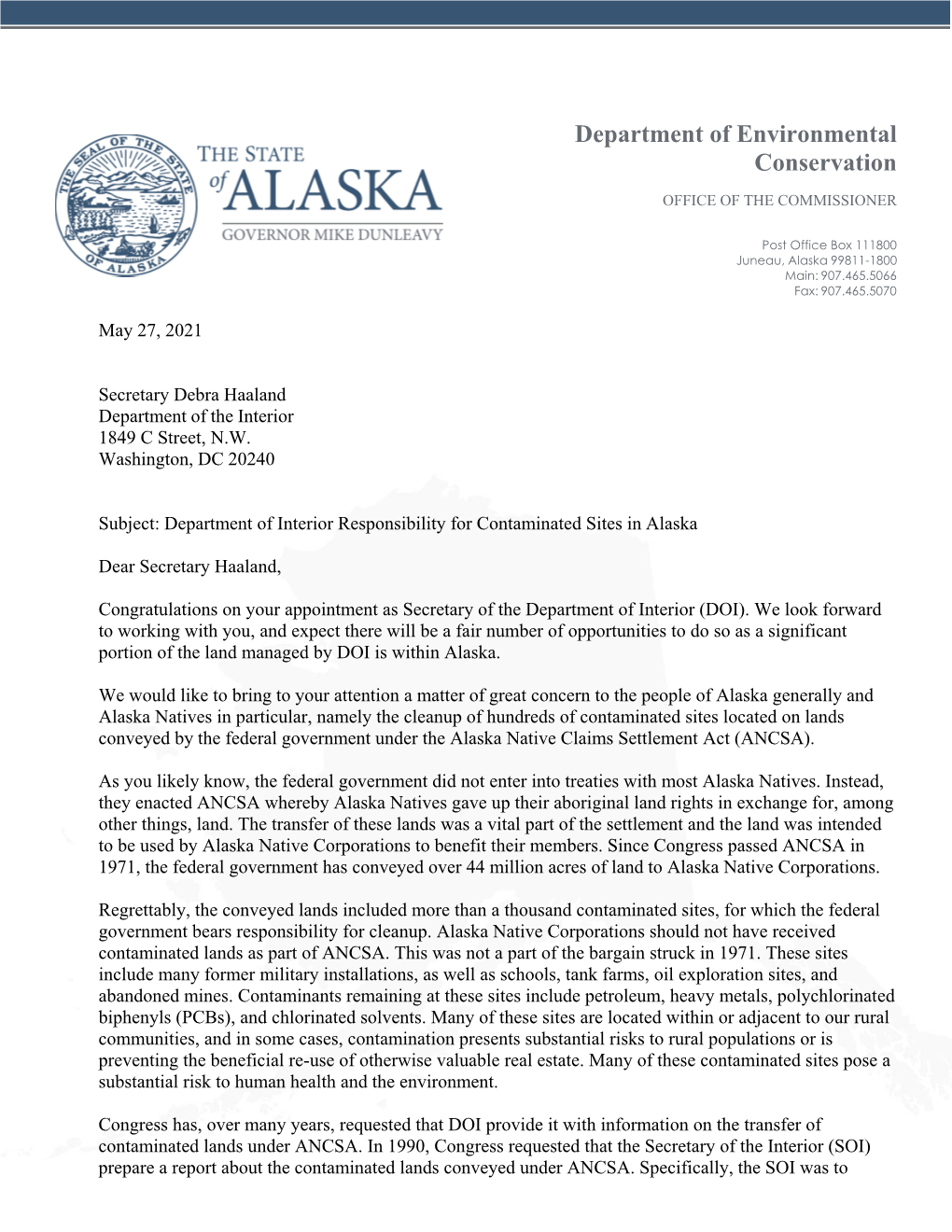 Department of Interior Responsibility for Contaminated Sites in Alaska