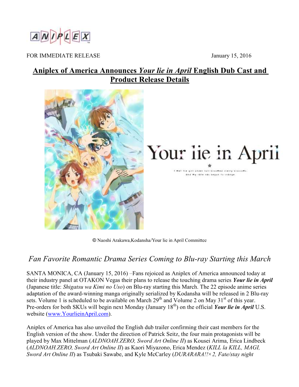 Aniplex of America Announces Your Lie in April English Dub Cast and Product Release Details