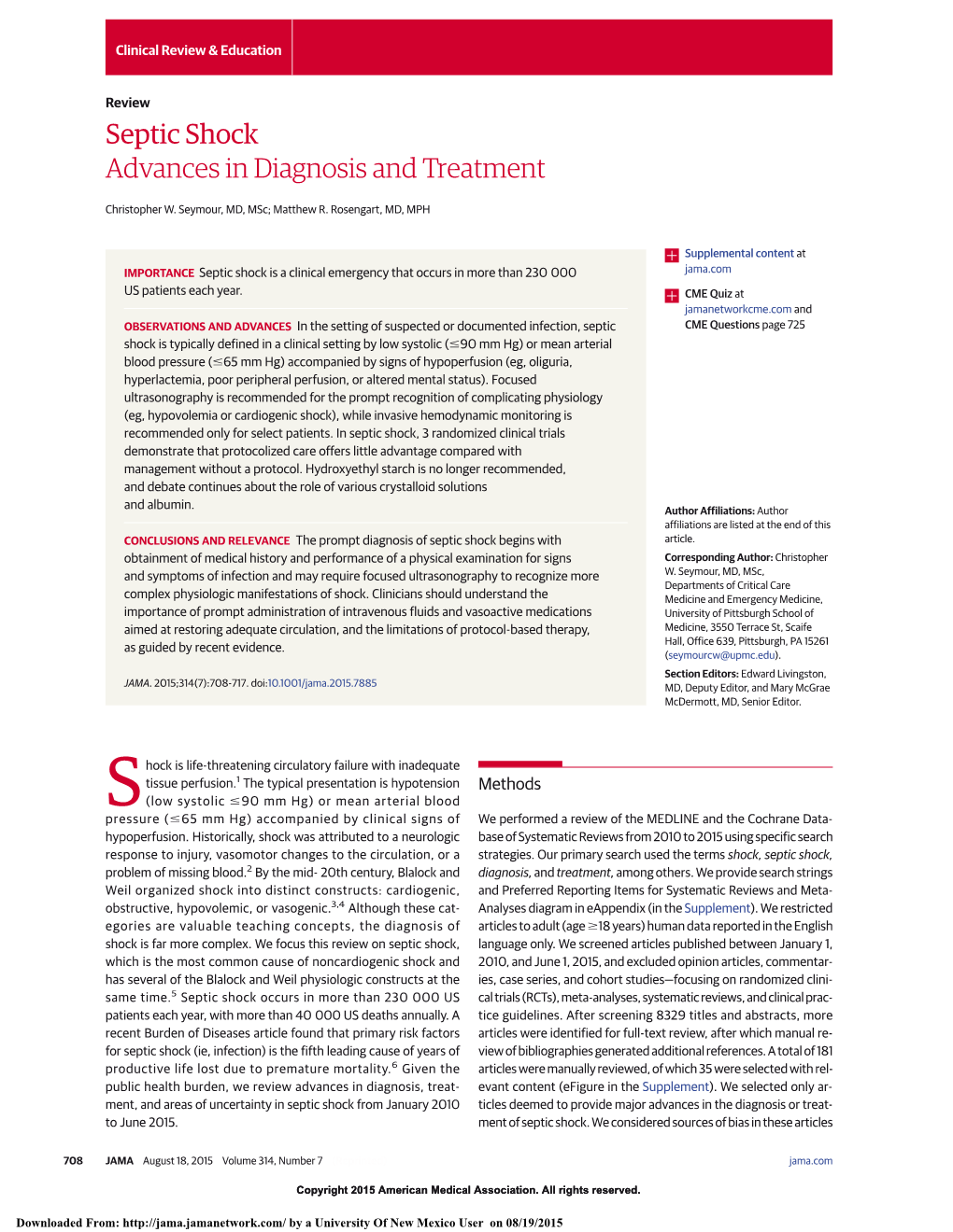 Septic Shock Advances in Diagnosis and Treatment