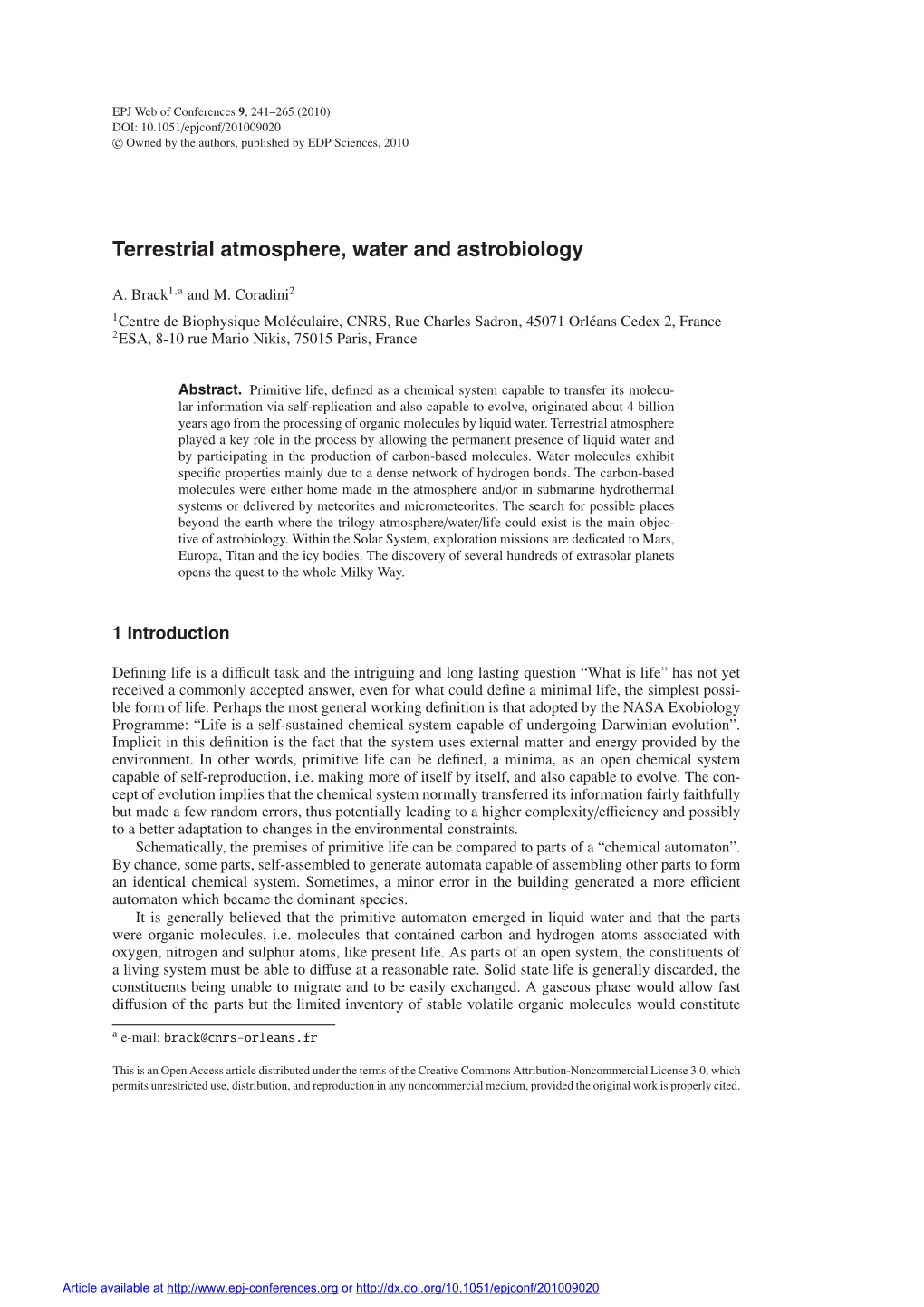 Terrestrial Atmosphere, Water and Astrobiology