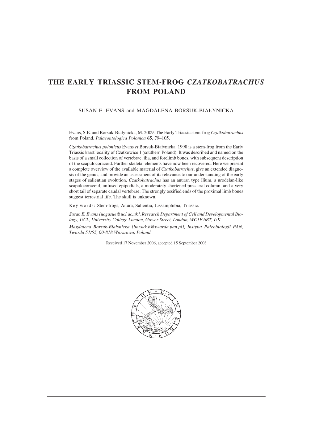 THE EARLY TRIASSIC STEM−FROG CZATKOBATRACHUS from POLAND -.: Palaeontologia Polonica