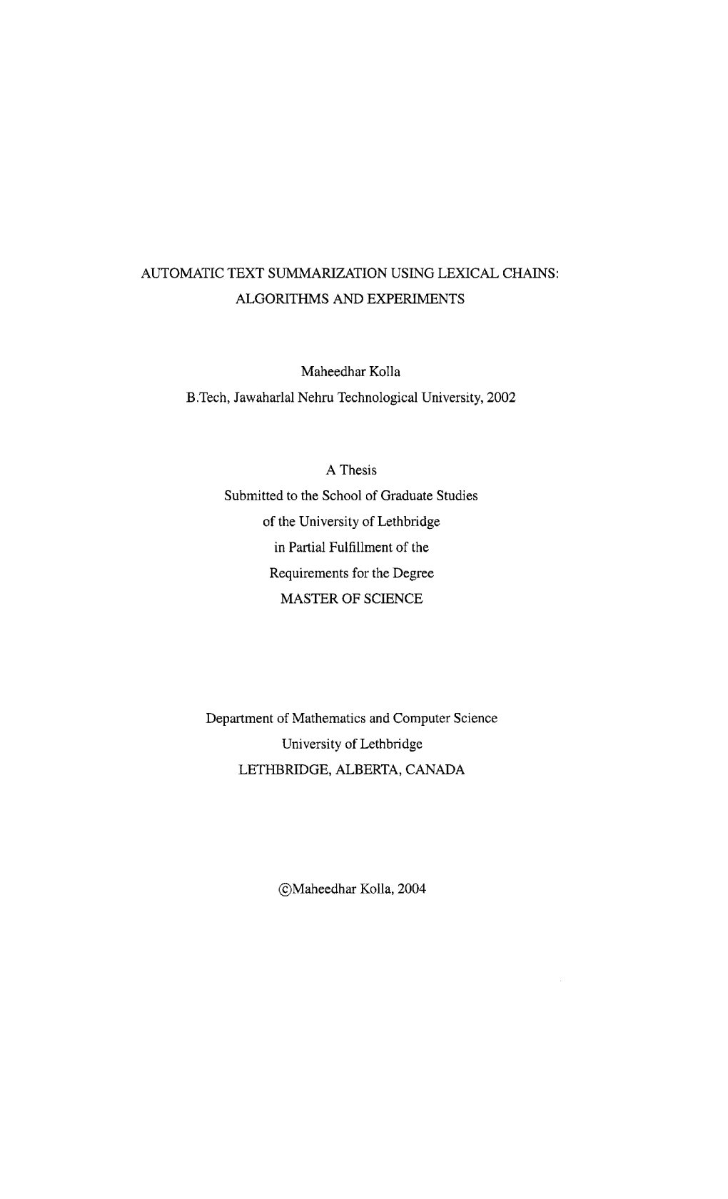 Automatic Text Summarization Using Lexical Chains: Algorithms and Experiments