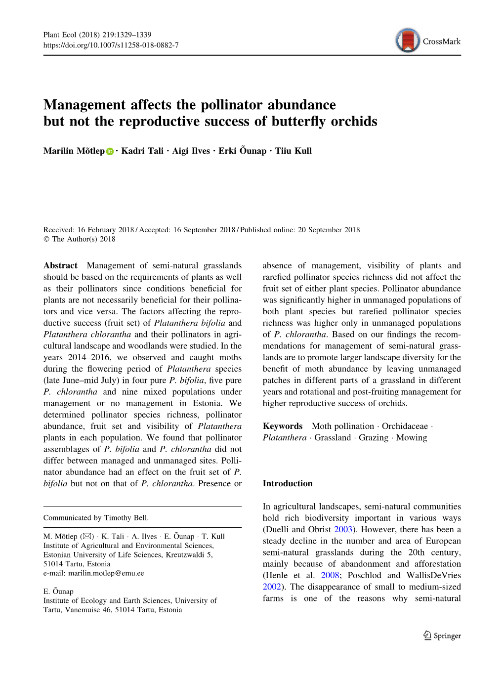 Management Affects the Pollinator Abundance but Not the Reproductive Success of Butterﬂy Orchids