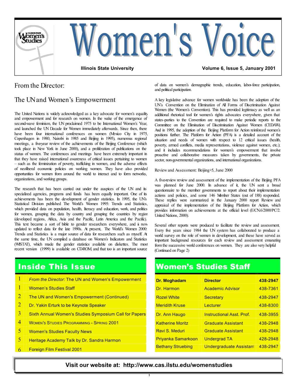 Women's Studies Staff Inside This Issue