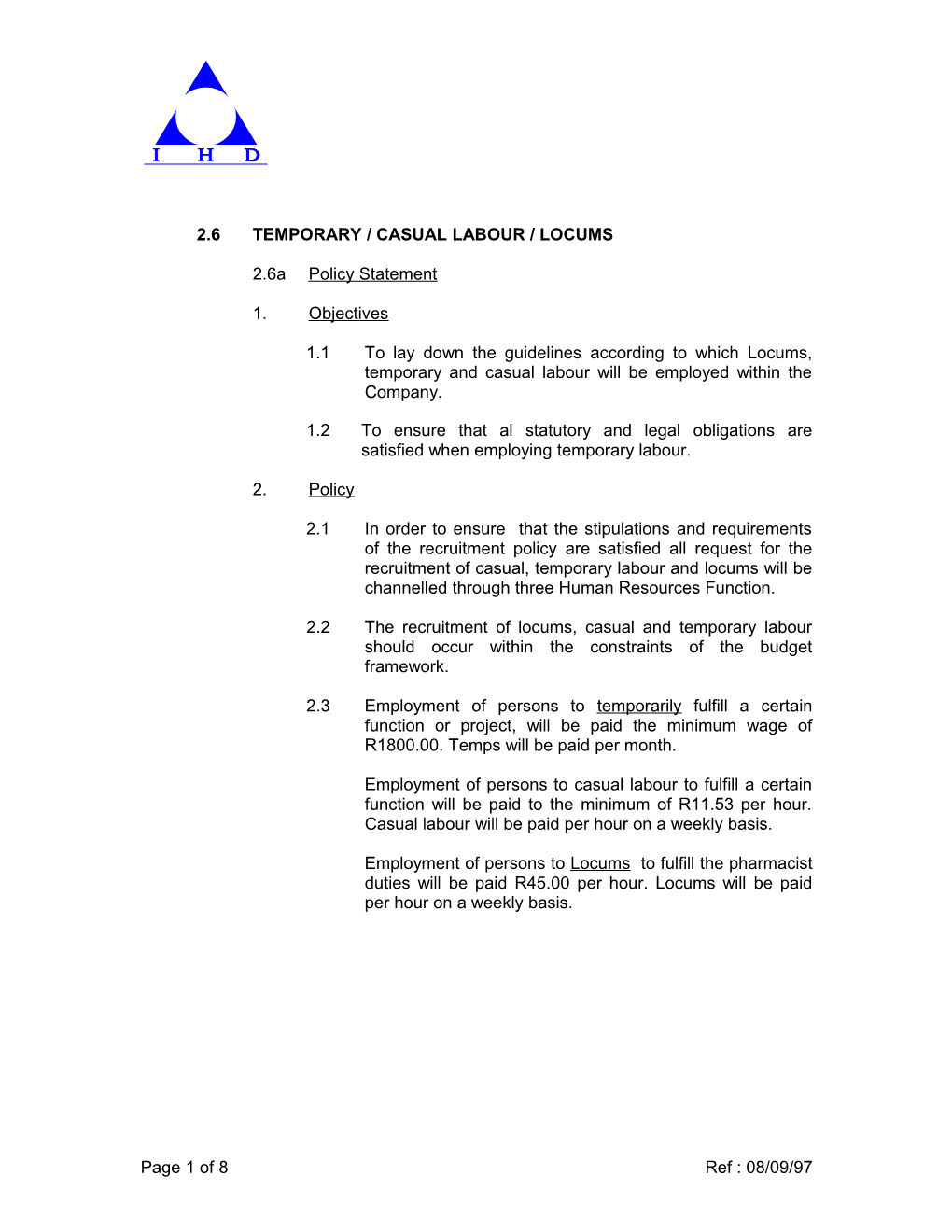 2.6 Temporary / Casual Labour / Locums