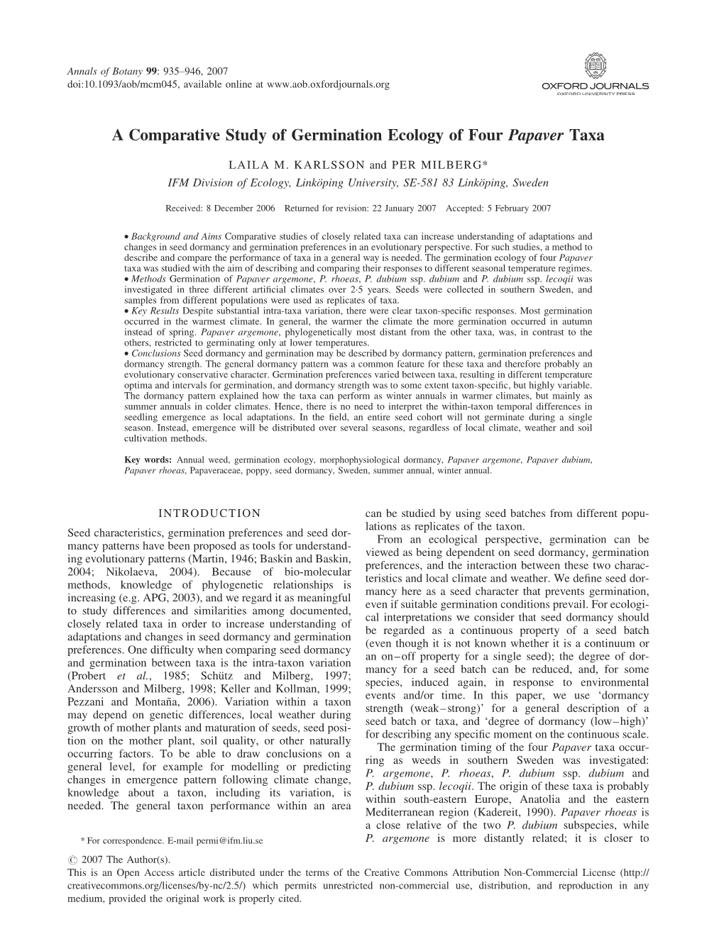 A Comparative Study of Germination Ecology of Four Papaver Taxa