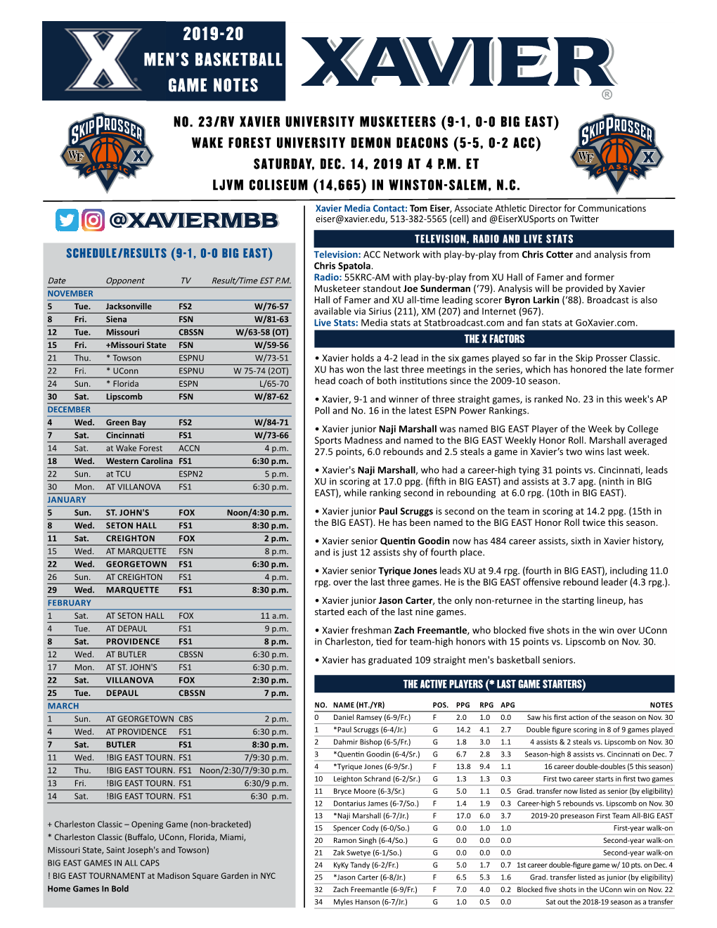 2019-20 Men's Basketball Game Notes