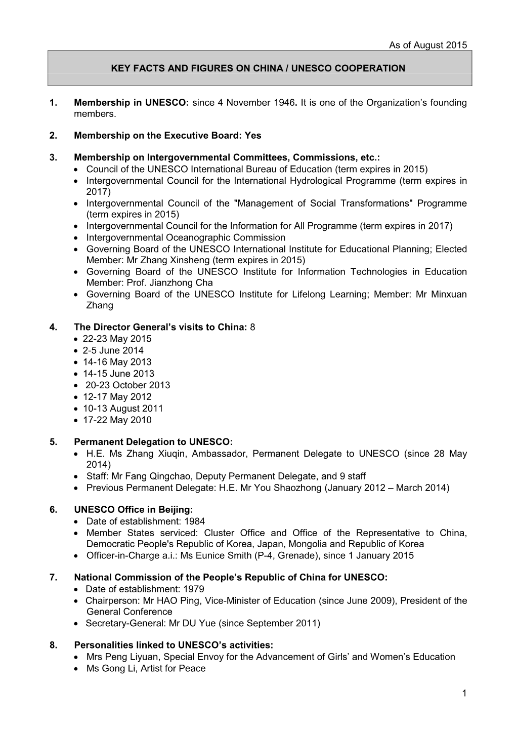 1 As of August 2015 KEY FACTS and FIGURES on CHINA / UNESCO