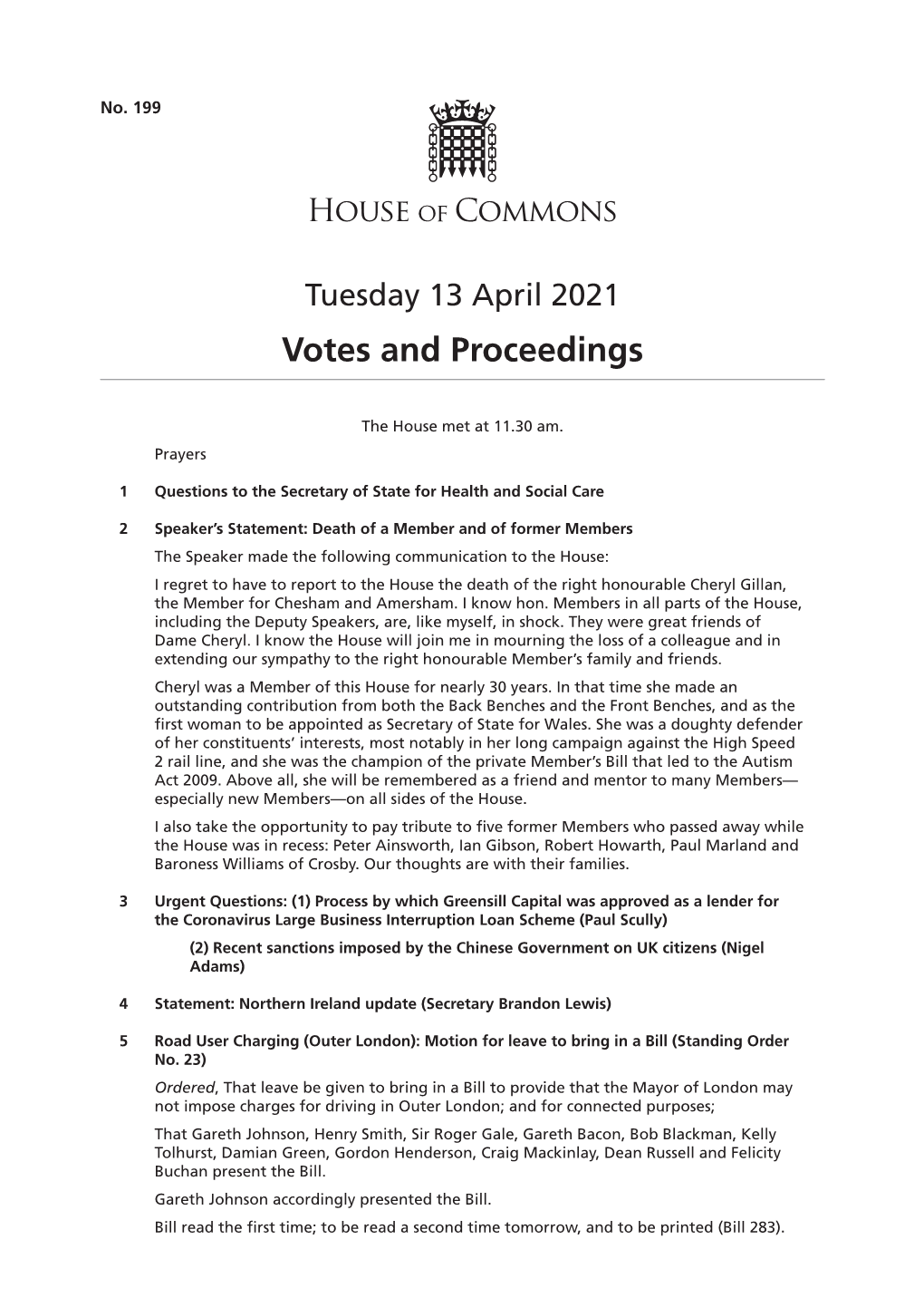 Votes and Proceedings for 13 Apr 2021