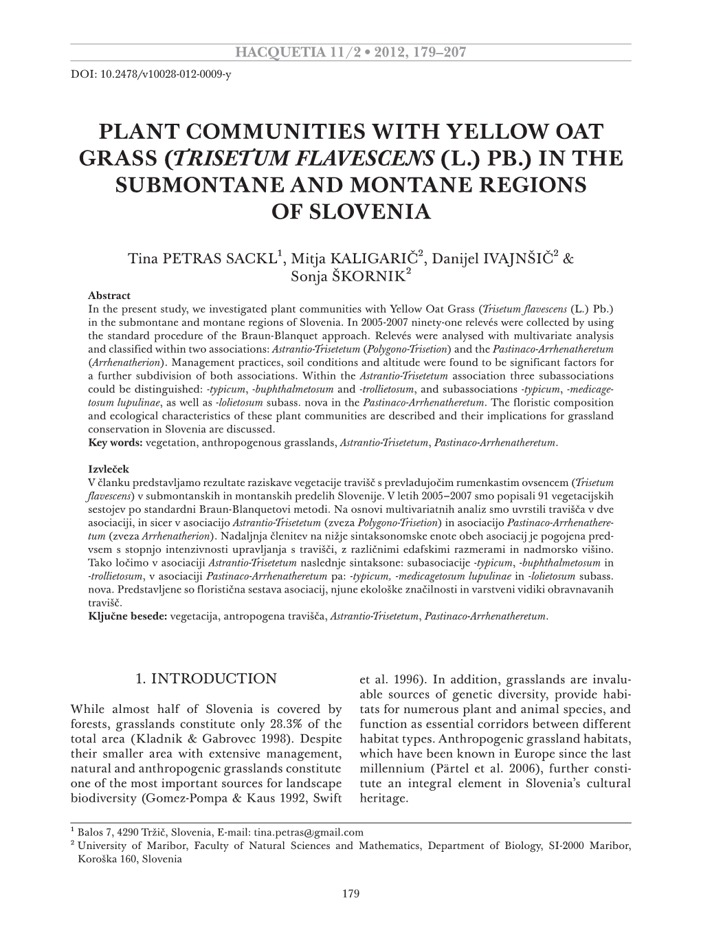 (Trisetum Flavescens (L.) Pb.) in the Submontane and Montane Regions of Slovenia