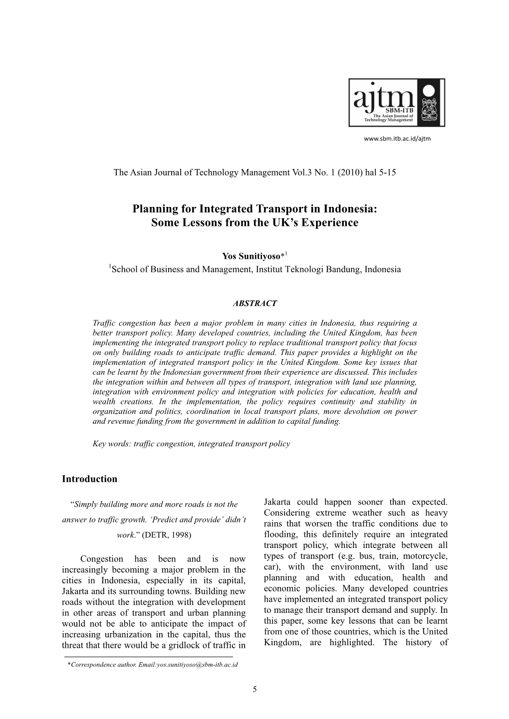 Planning for Integrated Transport in Indonesia: Some Lessons from the UK’S Experience
