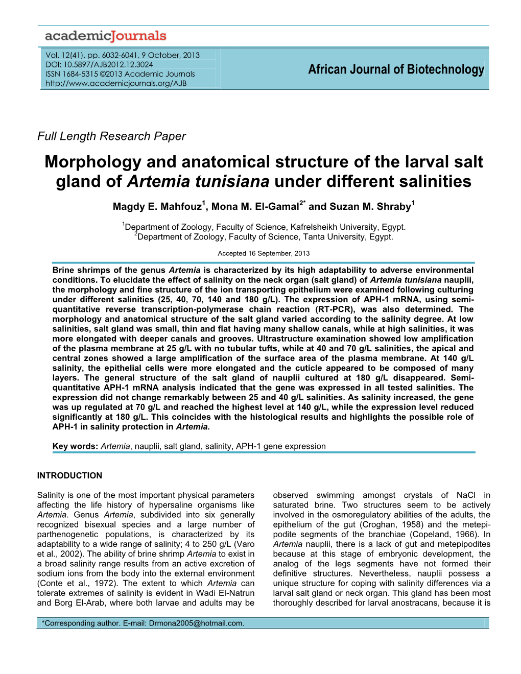 Morphology and Anatomical Structure of the Larval Salt Gland of Artemia Tunisiana Under Different Salinities