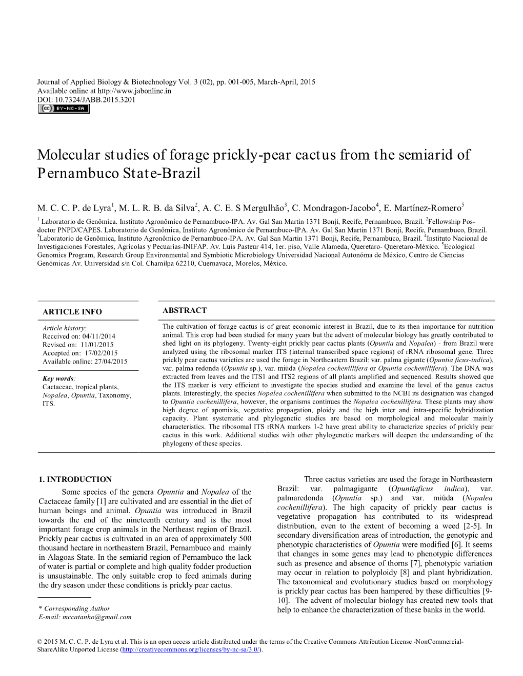 Molecular Studies of Forage Prickly-Pear Cactus from the Semiarid of Pernambuco State-Brazil