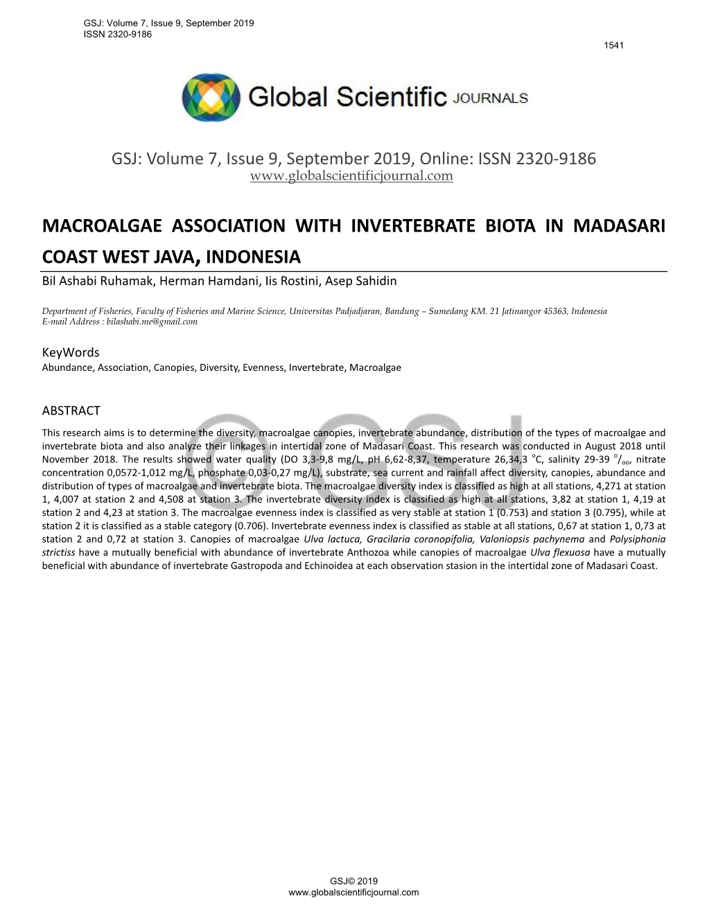 Macroalgae Association with Invertebrate Biota in Madasari Coast, West Java, Indonesia