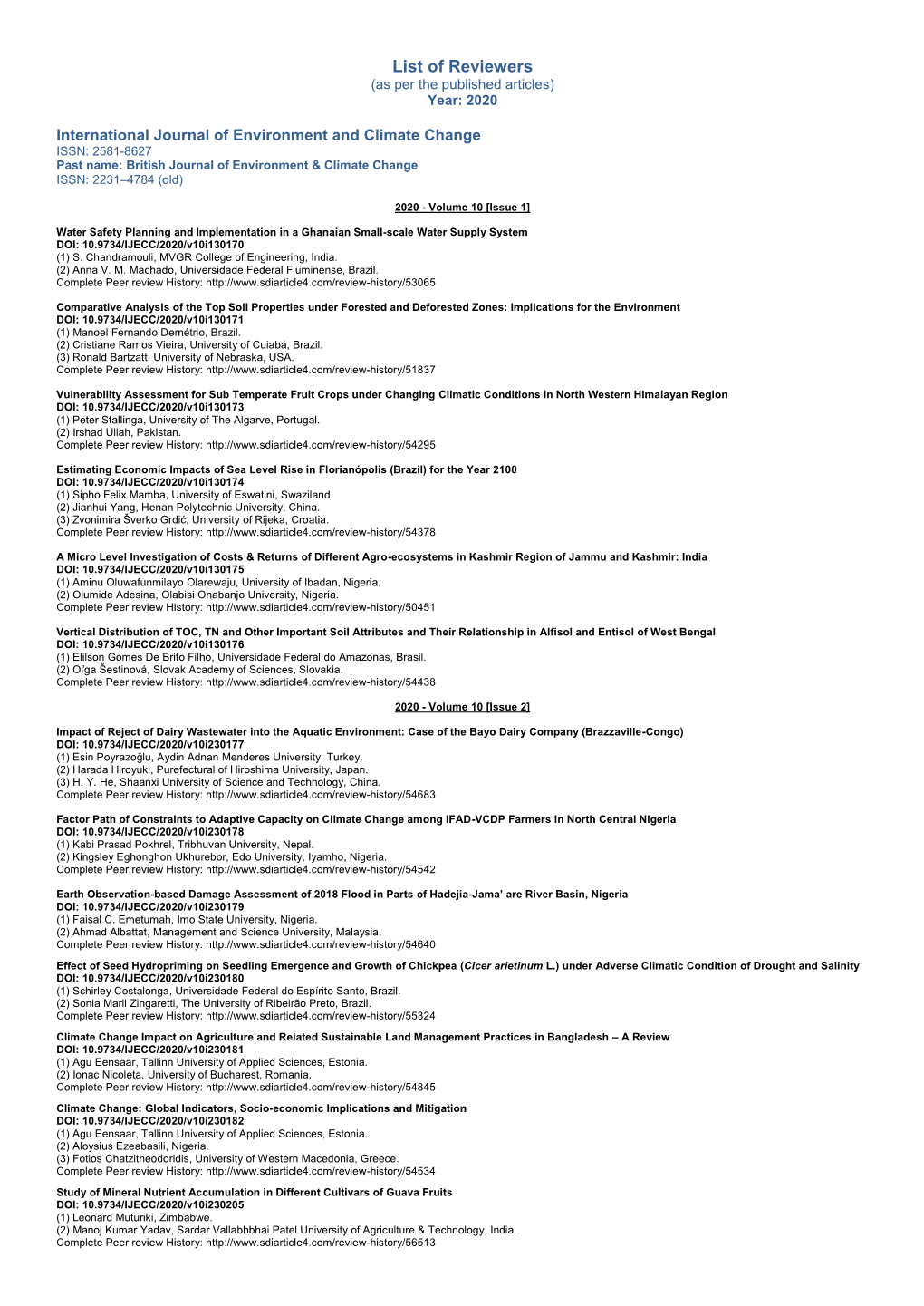 List of Reviewers (As Per the Published Articles) Year: 2020