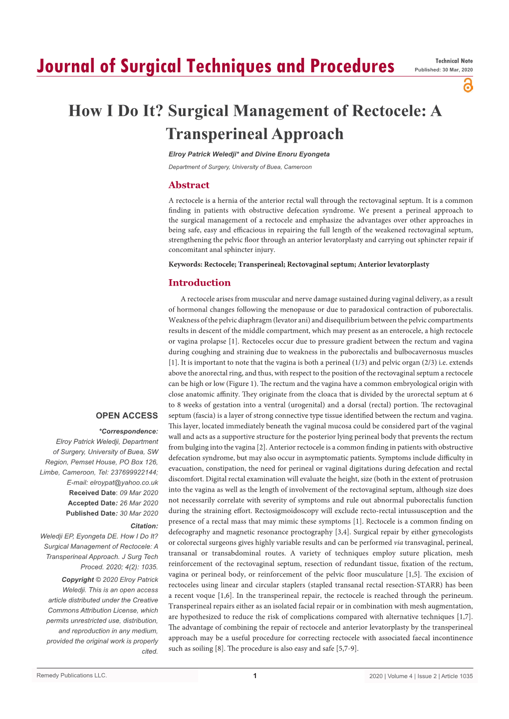 How I Do It? Surgical Management of Rectocele: a Transperineal Approach