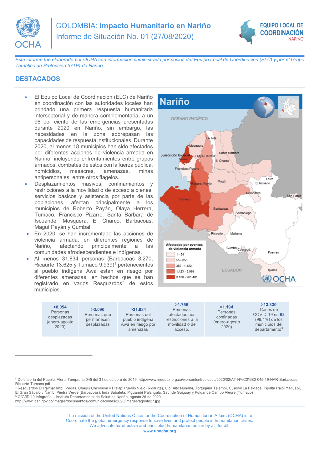 COLOMBIA: Impacto Humanitario En Nariño Informe De Situación No. 01 (27/08/2020)