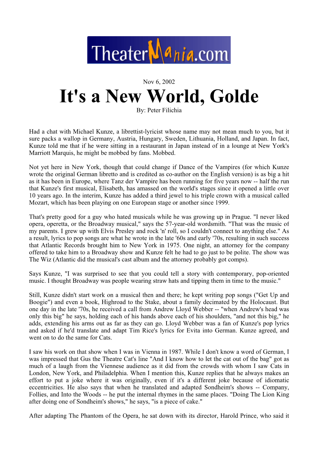 It's a New World, Golde By: Peter Filichia