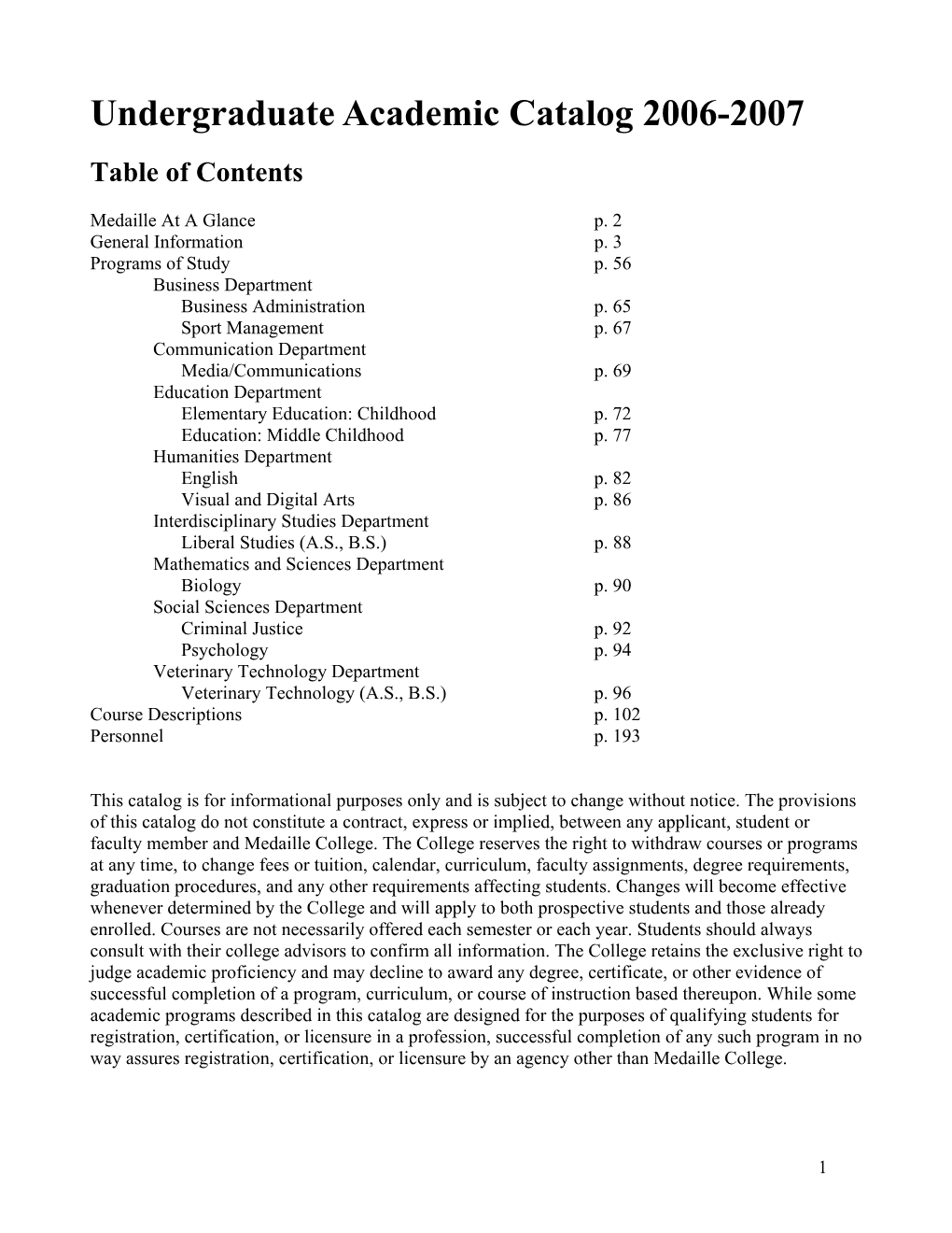 Undergraduate Academic Catalog 2006-2007 Table of Contents