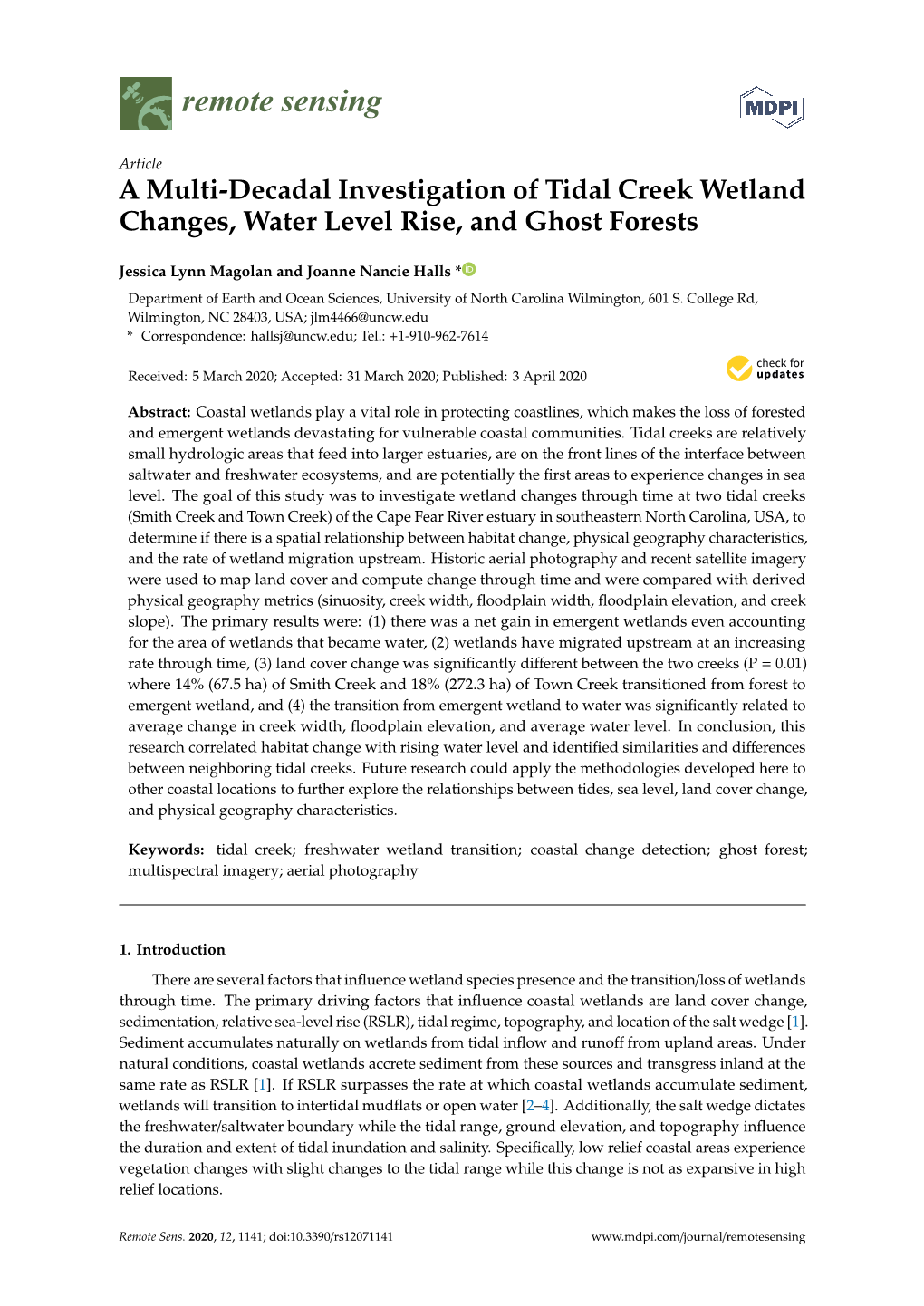 A Multi-Decadal Investigation of Tidal Creek Wetland Changes, Water Level Rise, and Ghost Forests