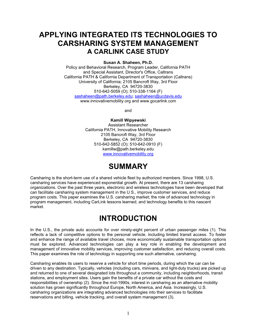 Applying Integrated Its Technologies to Carsharing System Management Summary Introduction