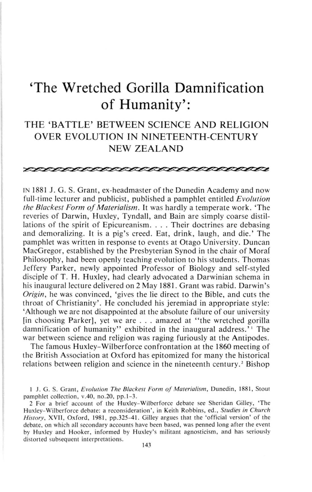 'The Wretched Gorilla Damnification of Humanity': the 'BATTLE' BETWEEN SCIENCE and RELIGION OVER EVOLUTION in NINETEENTH-CENTURY NEW ZEALAND