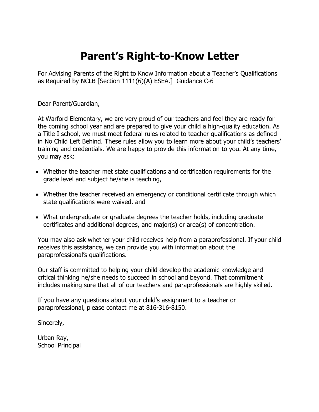 Sample Parent S Right-To-Know Letter