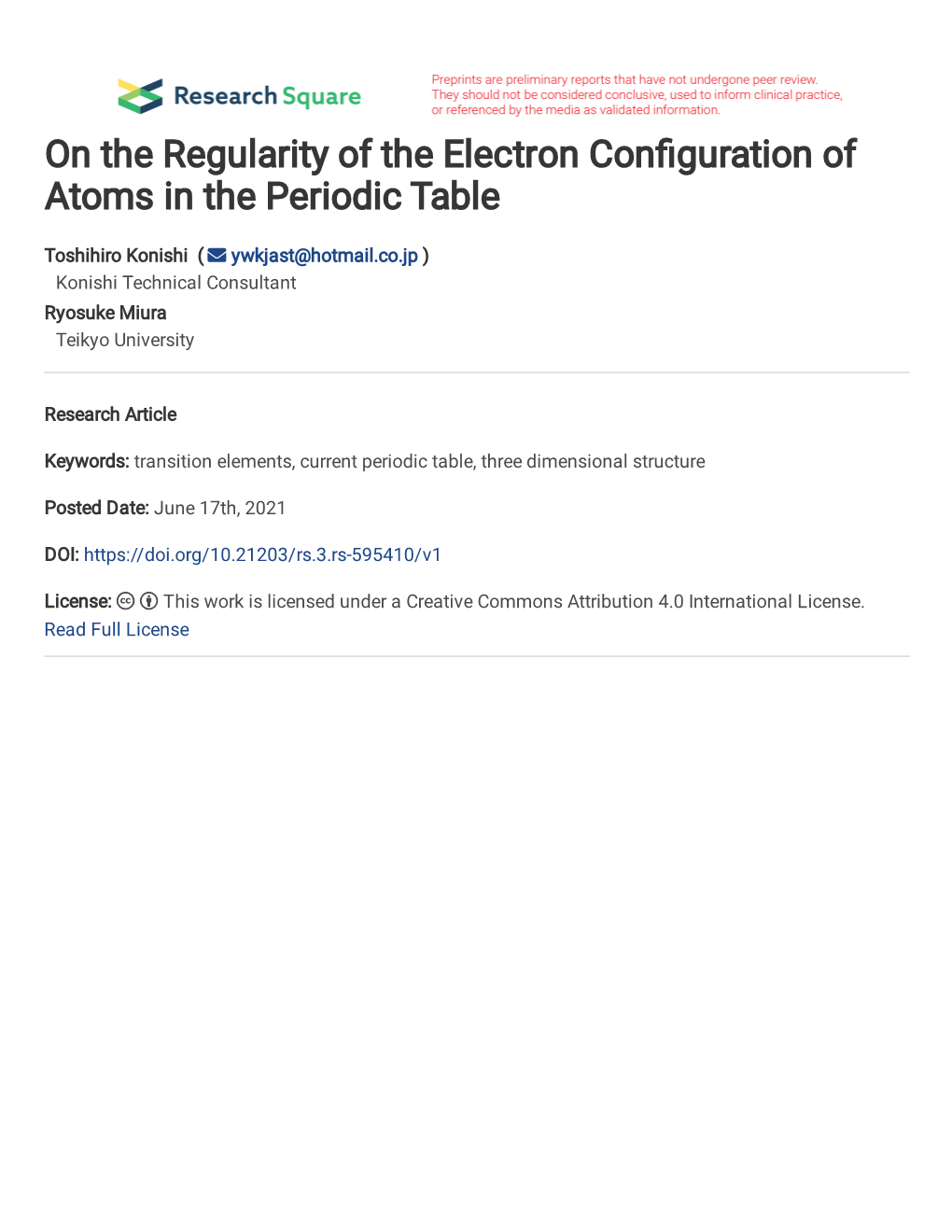 On the Regularity of the Electron Con Guration of Atoms in the Periodic