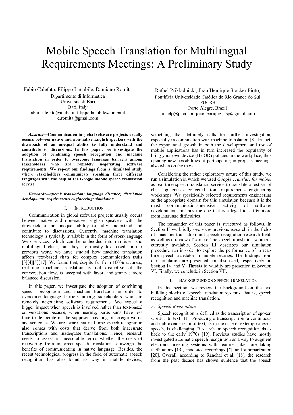 Mobile Speech Translation for Multilingual Requirements Meetings: a Preliminary Study