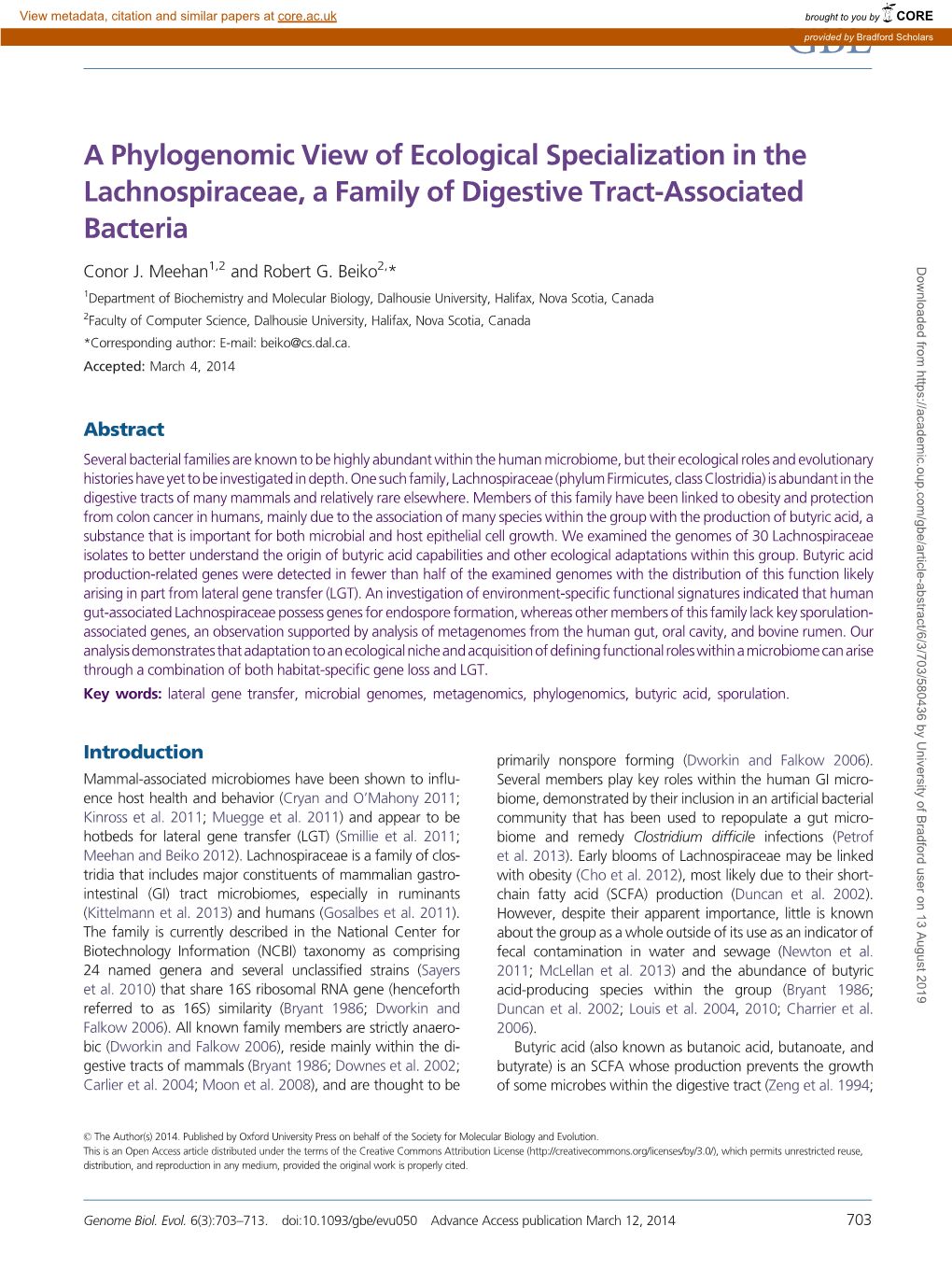 A Phylogenomic View of Ecological Specialization in the Lachnospiraceae, a Family of Digestive Tract-Associated Bacteria