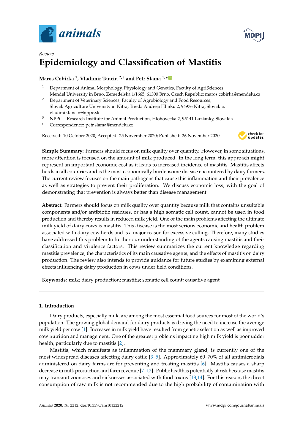 Epidemiology and Classification of Mastitis