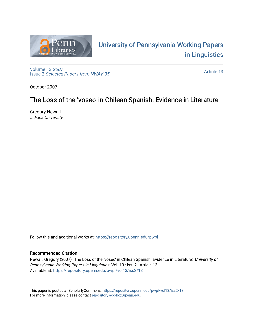 The Loss of the 'Voseo' in Chilean Spanish: Evidence in Literature