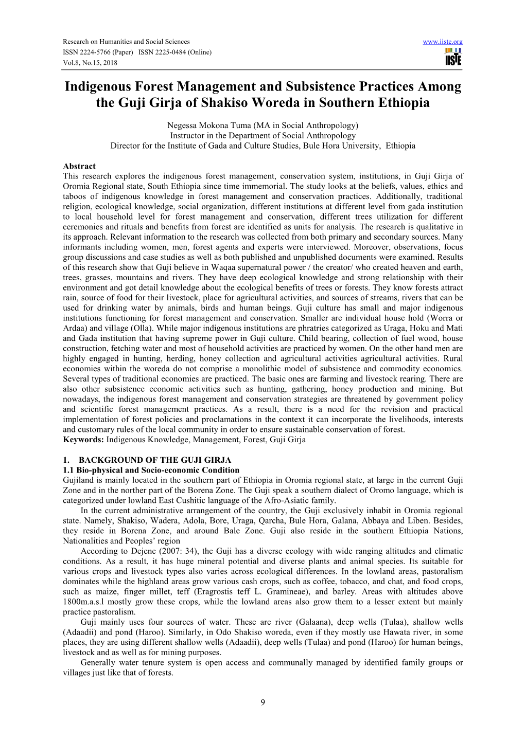 Indigenous Forest Management and Subsistence Practices Among the Guji Girja of Shakiso Woreda in Southern Ethiopia