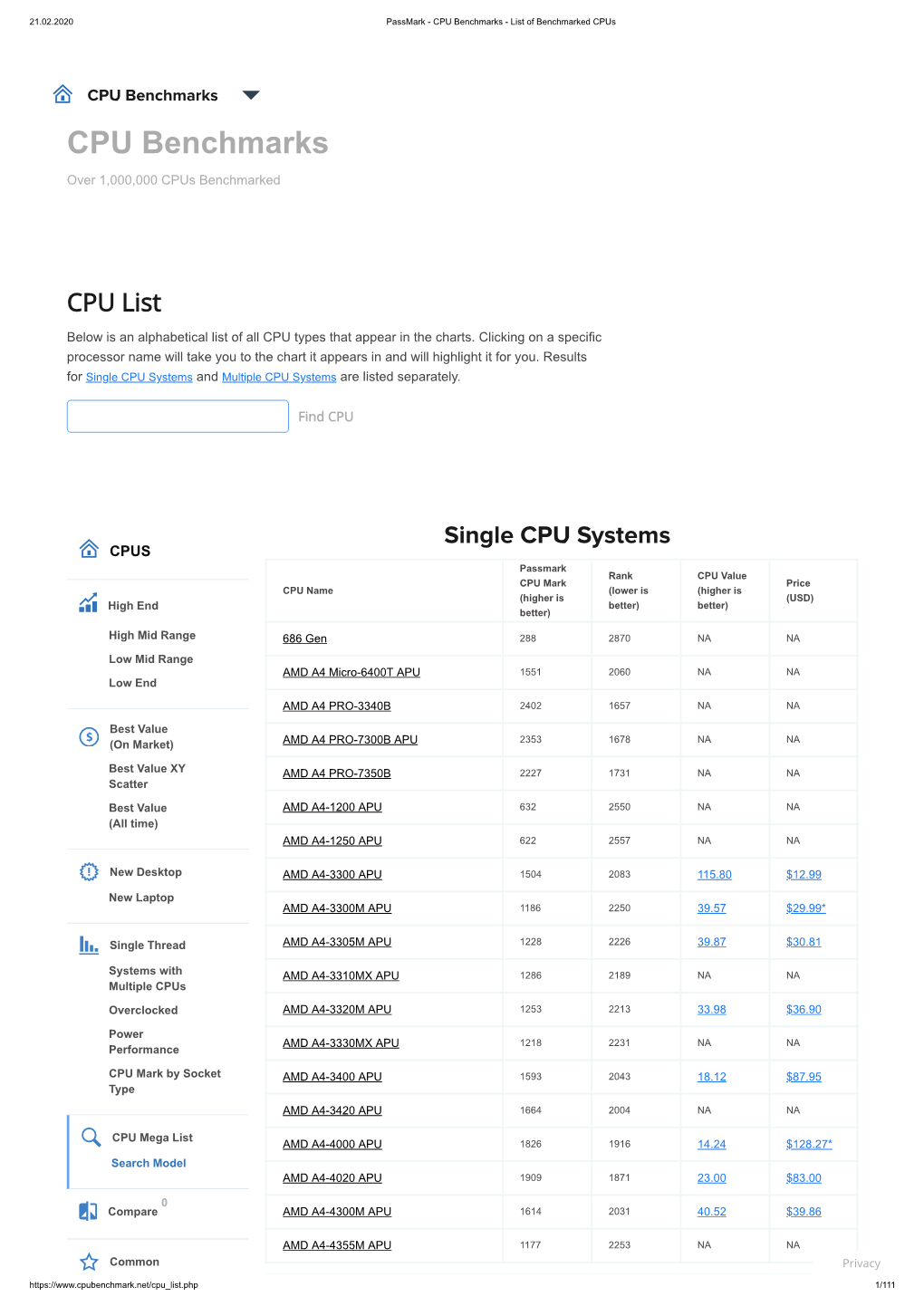 CPU Benchmarks - List of Benchmarked Cpus