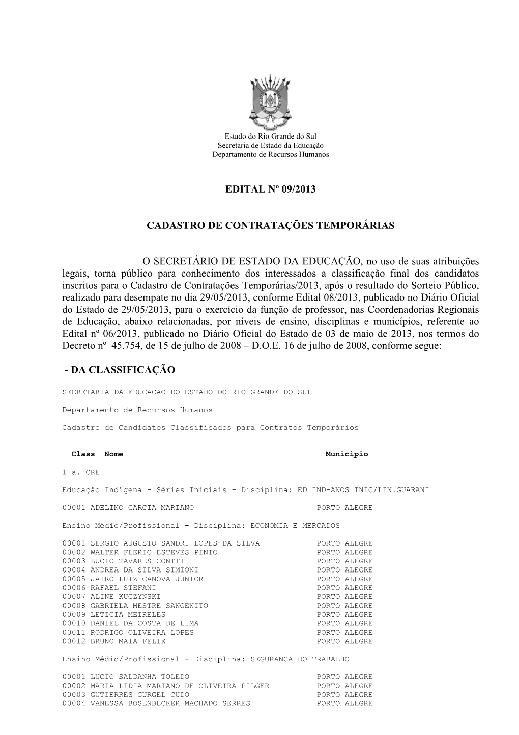 Edital Nº 09/2013 Cadastro De Contratações Temporárias