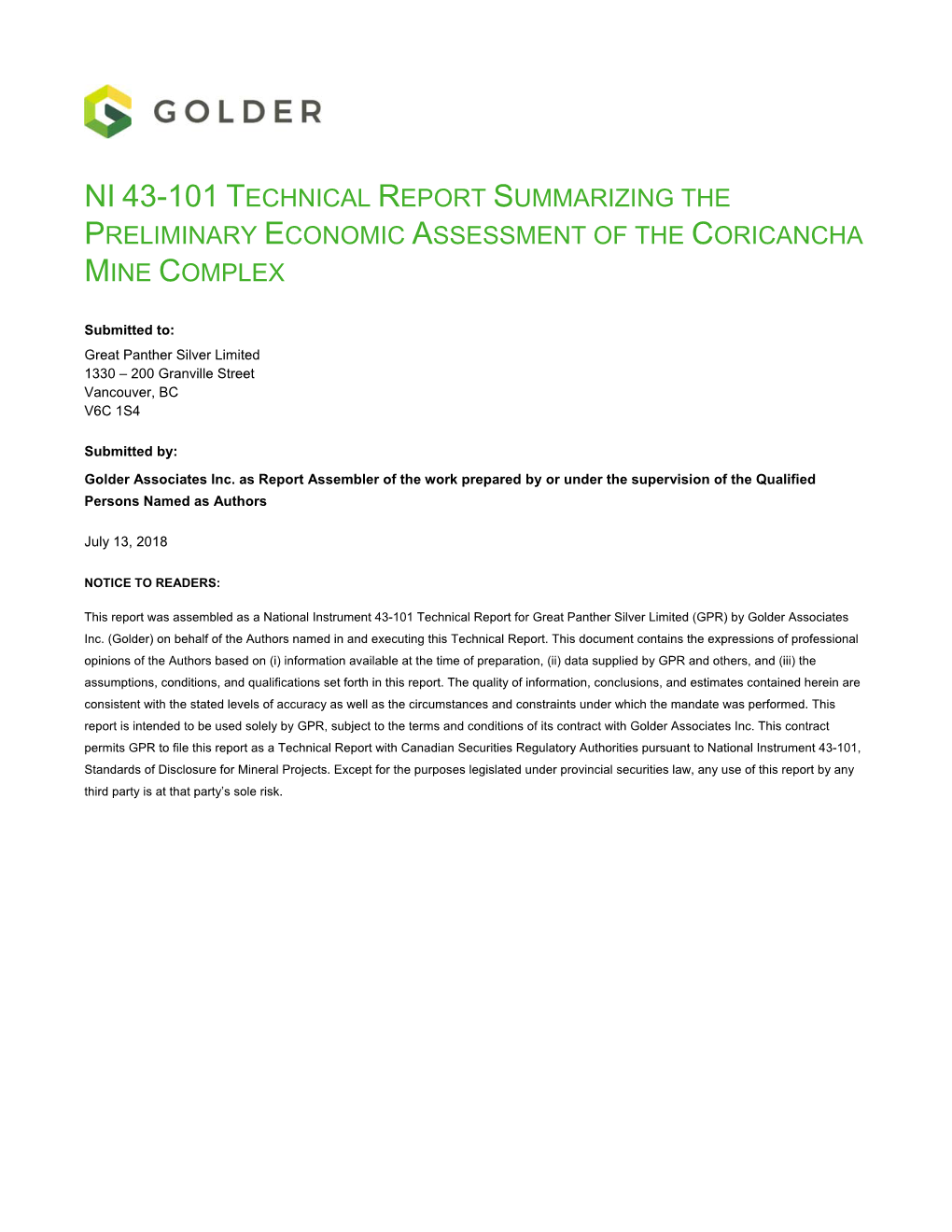 Ni 43-101 Technical Report Summarizing the Preliminary Economic Assessment of the Coricancha Mine Complex
