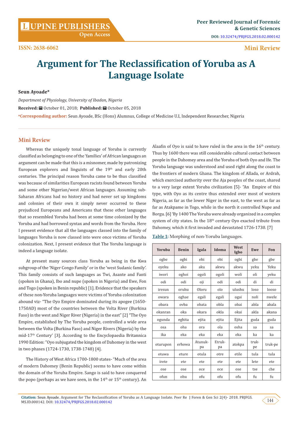 Argument for the Reclassification of Yoruba As a Language Isolate