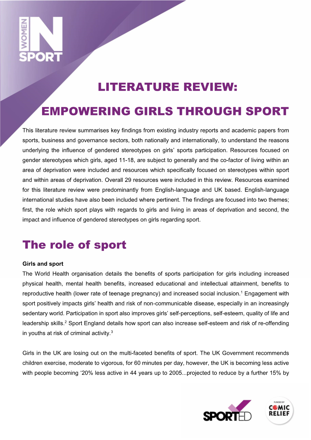 LITERATURE REVIEW: EMPOWERING GIRLS THROUGH SPORT the Role of Sport