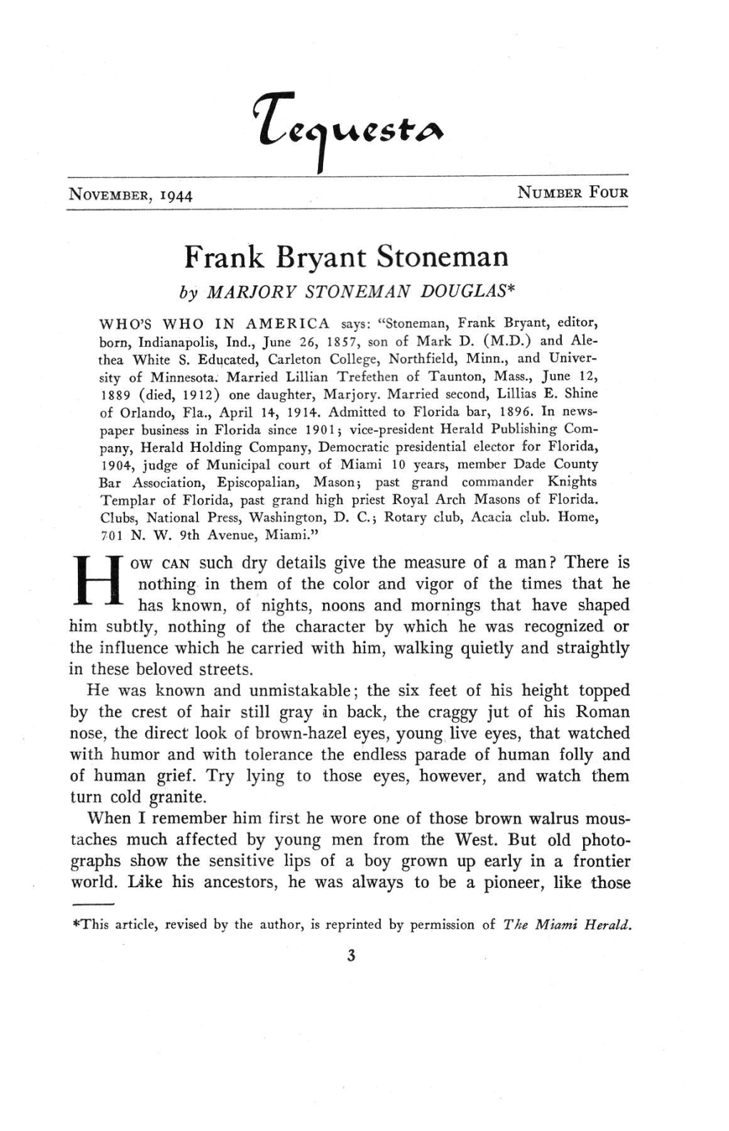 Frank Bryant Stoneman by MARJORY STONEMAN DOUGLAS*