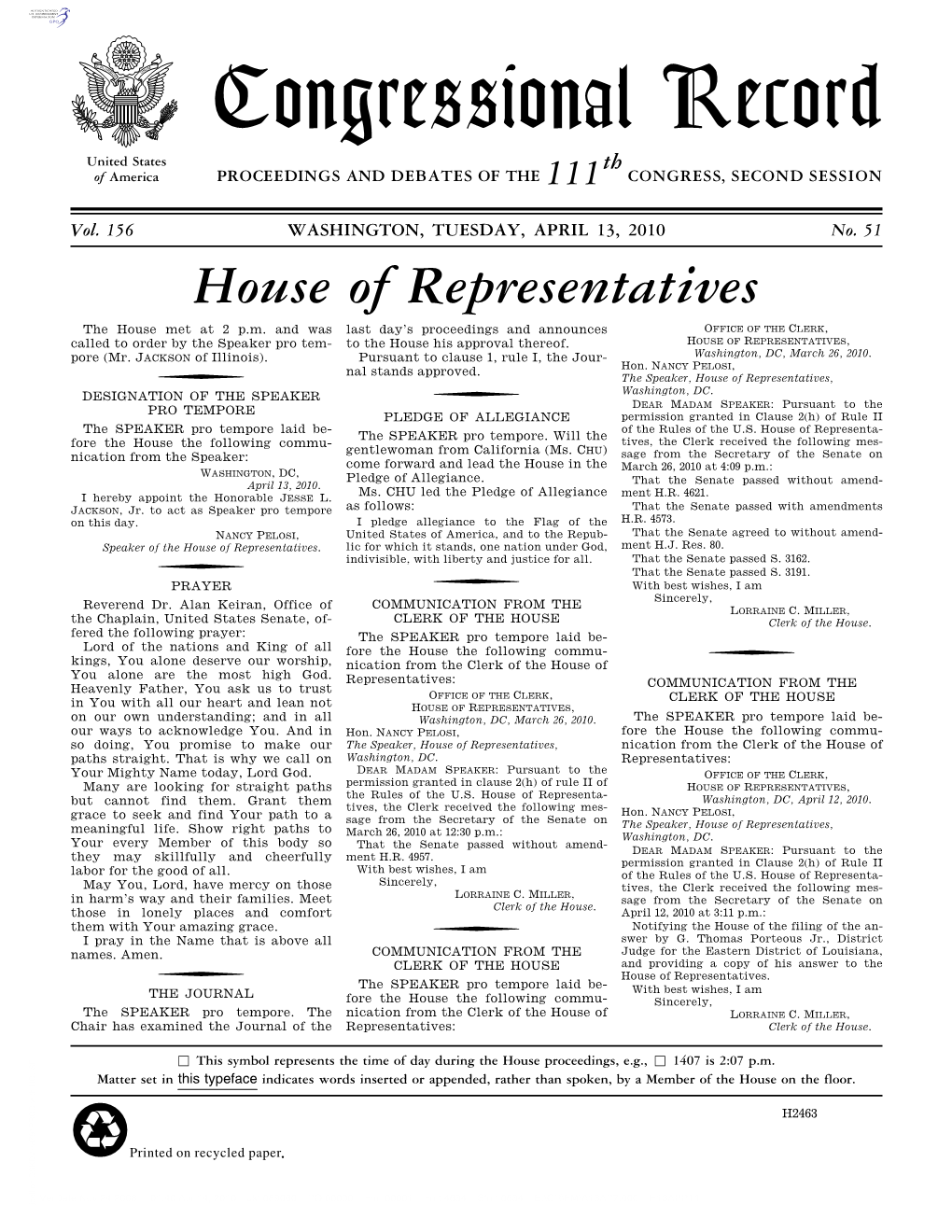 Congressional Record United States Th of America PROCEEDINGS and DEBATES of the 111 CONGRESS, SECOND SESSION