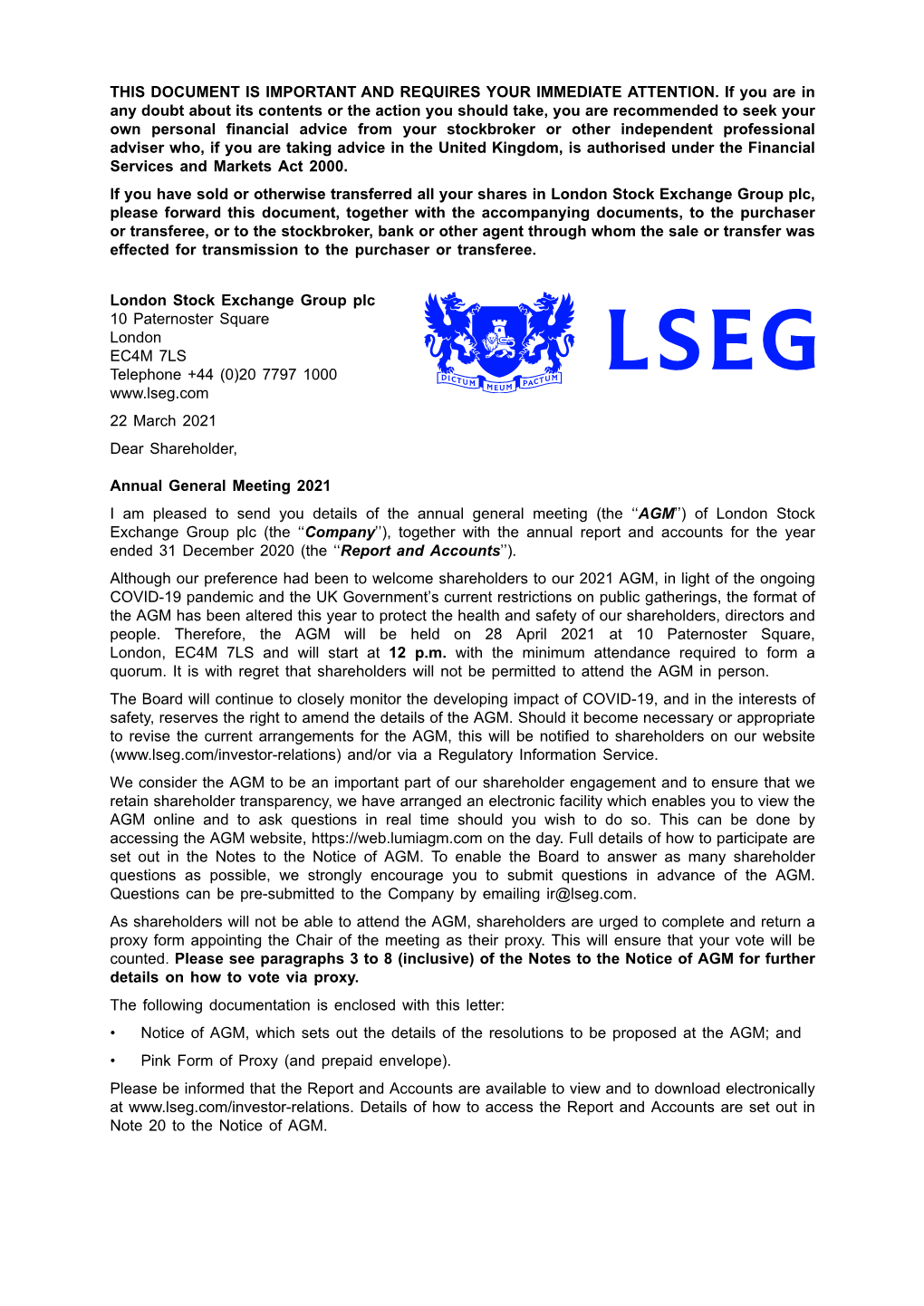 LSEG Notice of Annual General Meeting 2021
