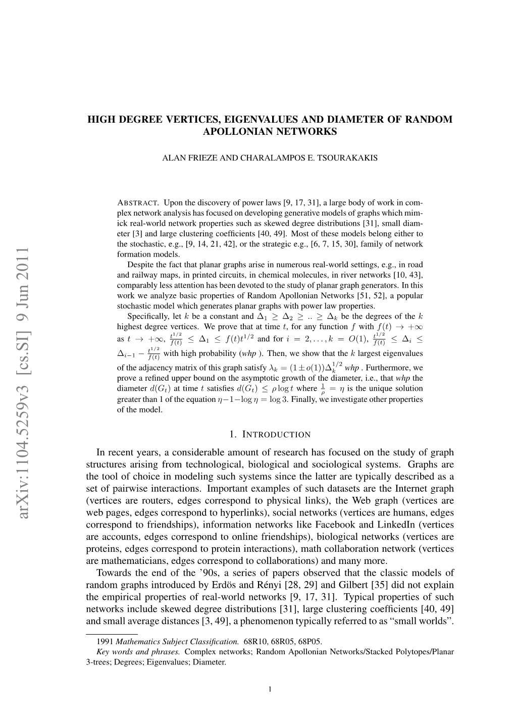 High Degree Vertices, Eigenvalues and Diameter of Random Apollonian Networks