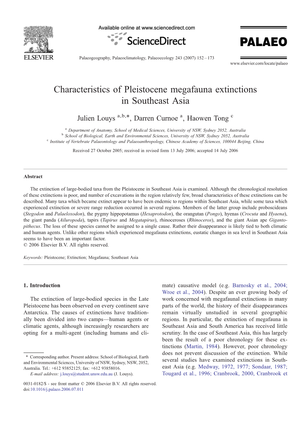 Characteristics of Pleistocene Megafauna Extinctions in Southeast Asia ⁎ Julien Louys A,B, , Darren Curnoe A, Haowen Tong C