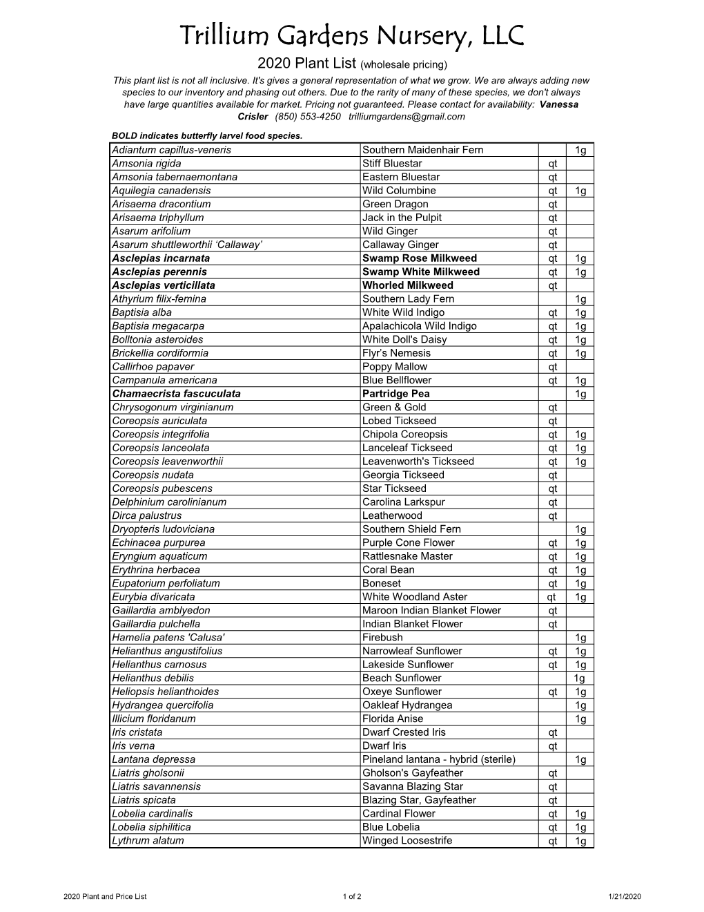 Trillium Gardens Nursery, LLC 2020 Plant List (Wholesale Pricing) This Plant List Is Not All Inclusive