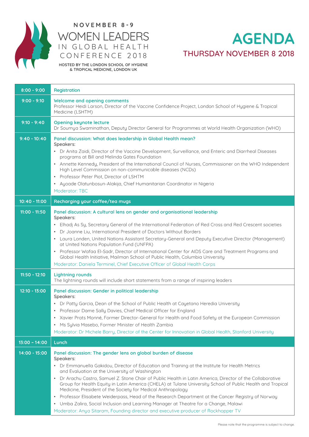 Agenda Conference 2018 Thursday November 8 2018 Hosted by the London School of Hygiene & Tropical Medicine, London Uk