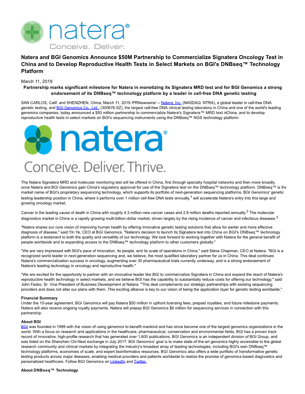 Natera and BGI Genomics Announce $50M Partnership To