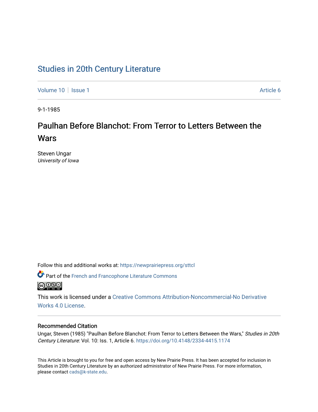 Paulhan Before Blanchot: from Terror to Letters Between the Wars