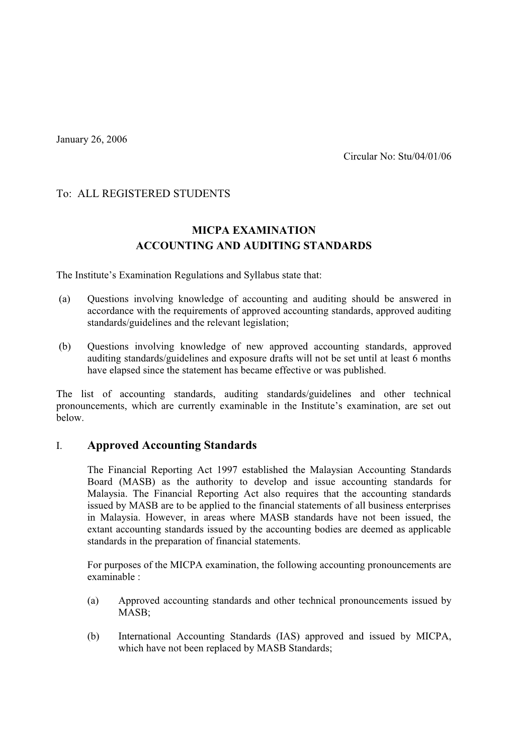 Circular No: Stu/04/01/06