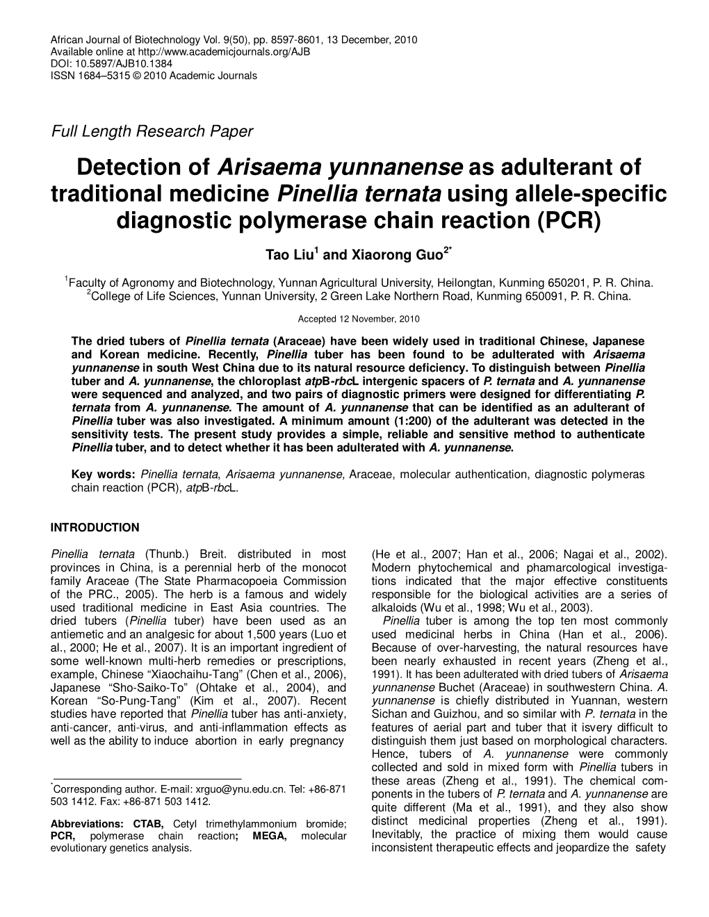 Detection of Arisaema Yunnanense As Adulterant of Traditional Medicine Pinellia Ternata Using Allele-Specific Diagnostic Polymerase Chain Reaction (PCR)