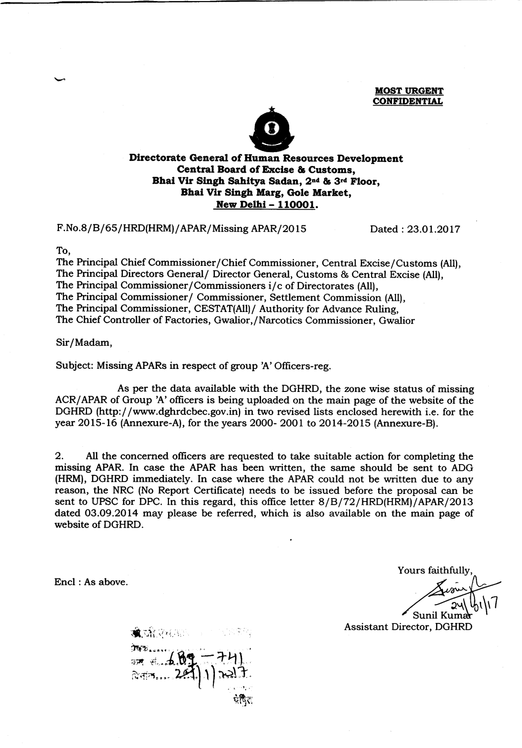 Missing APAR in Respect of Group a Officers from 2015 to 2016 Position As on 23-01-2017